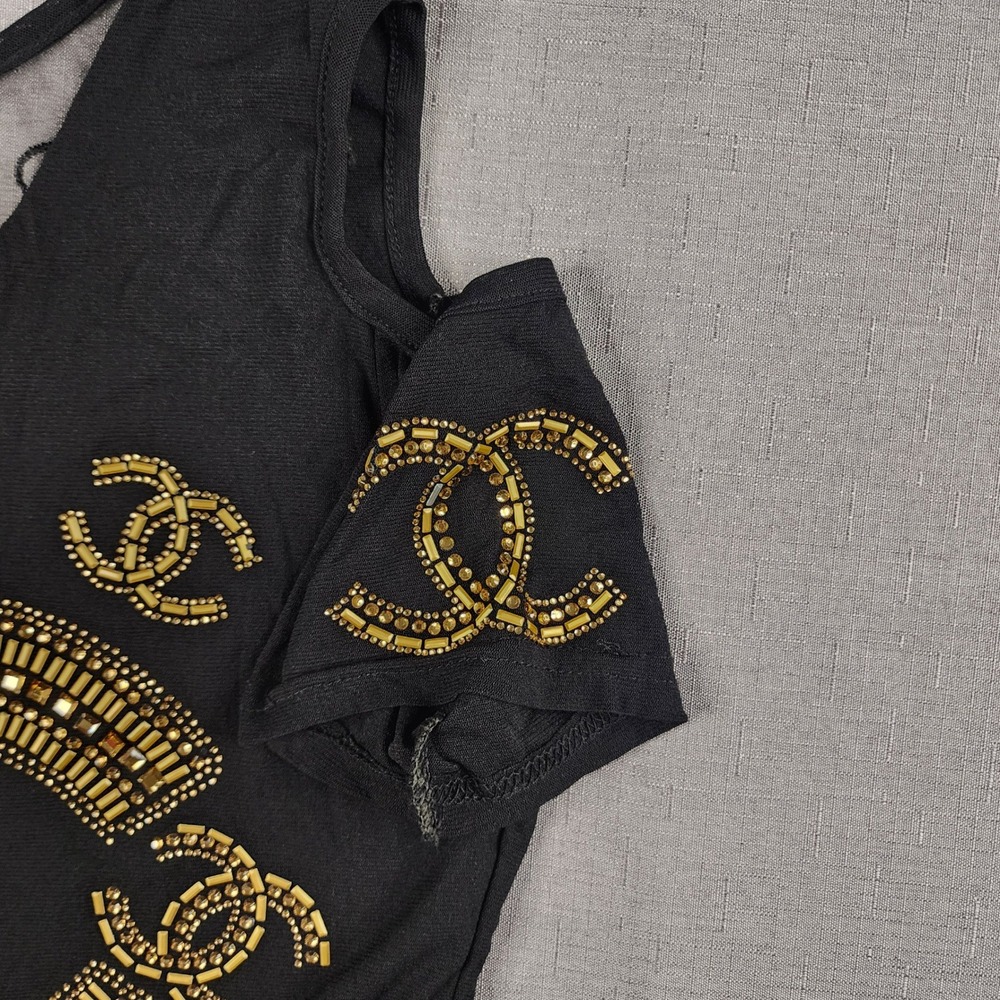 Fashion Top Cold Shoulder Beaded Gold Black Butterfly Mesh V-Neck Shirt Y2K - Picture 4 of 10